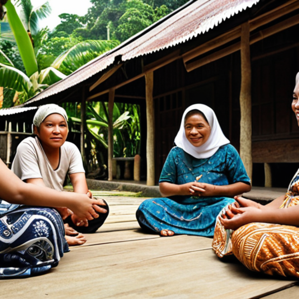 **

A diverse group of Malaysians engaging in respectful dialogue in a *kampung* setting. Focus on expressions of empathy and active listening. Include elements like *batik* patterns or traditional Malay architecture in the background.

**