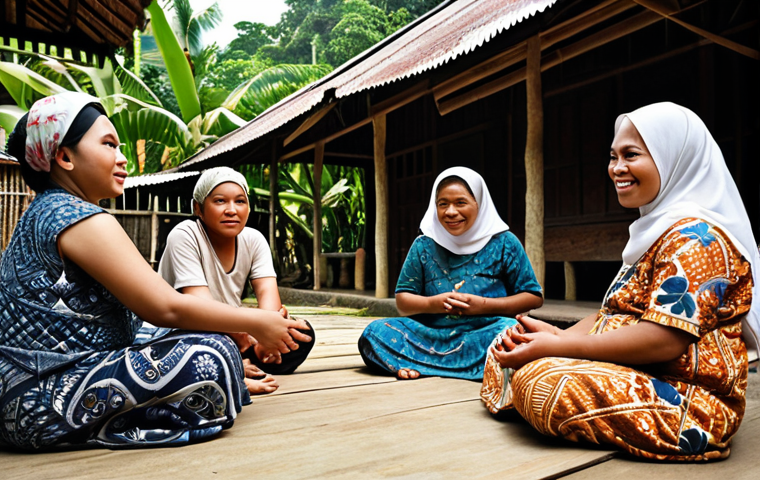**
A diverse group of Malaysians engaging in respectful dialogue in a *kampung* setting. Focus on expressions of empathy and active listening. Include elements like *batik* patterns or traditional Malay architecture in the background.
**