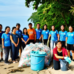 **A group of diverse Malaysian volunteers cleaning up a beach in Penang, collecting plastic waste and other rubbish. Focus on the vibrant colors, blue sea, and green foliage. Show a sense of community and collaborative effort. People are smiling and working together.**
