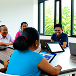 A diverse group of Malaysian community members, including adults, youth, and seniors, actively participating in a hybrid workshop within a brightly lit, modern community center. Some individuals are engaged with laptops and tablets, collaborating on digital initiatives, while others are in a lively in-person discussion, all demonstrating digital literacy and inter-ethnic harmony. They are fully clothed in modest, appropriate attire, smiling warmly and engaged in constructive interaction. The setting subtly integrates traditional Malaysian design elements with contemporary architecture, illuminated by soft natural light. Perfect anatomy, correct proportions, natural pose, well-formed hands, proper finger count, natural body proportions. Professional photography, high quality, vibrant colors, safe for work, appropriate content, family-friendly.