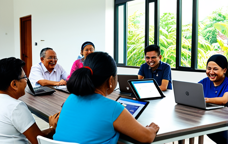 A diverse group of Malaysian community members, including adults, youth, and seniors, actively participating in a hybrid workshop within a brightly lit, modern community center. Some individuals are engaged with laptops and tablets, collaborating on digital initiatives, while others are in a lively in-person discussion, all demonstrating digital literacy and inter-ethnic harmony. They are fully clothed in modest, appropriate attire, smiling warmly and engaged in constructive interaction. The setting subtly integrates traditional Malaysian design elements with contemporary architecture, illuminated by soft natural light. Perfect anatomy, correct proportions, natural pose, well-formed hands, proper finger count, natural body proportions. Professional photography, high quality, vibrant colors, safe for work, appropriate content, family-friendly.